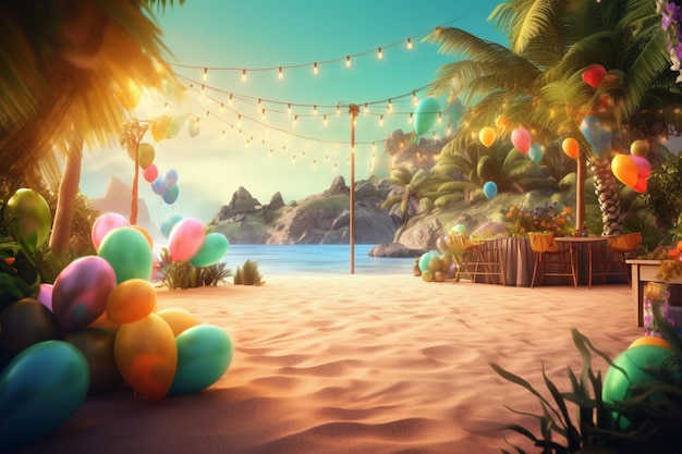 Une scène de plage avec un palmier et un panneau qui dit "Pâques" dessus