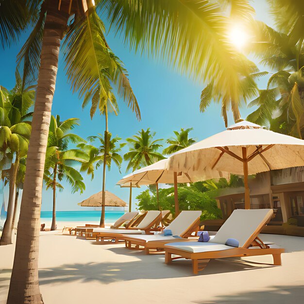 Photo une scène de plage avec des palmiers et un bâtiment avec une chaise de plage