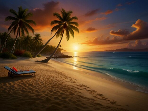 une scène de plage avec des palmiers et un coucher de soleil