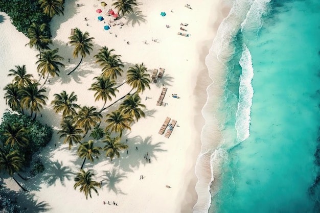 Une scène de plage avec des palmiers et des gens sur la plage