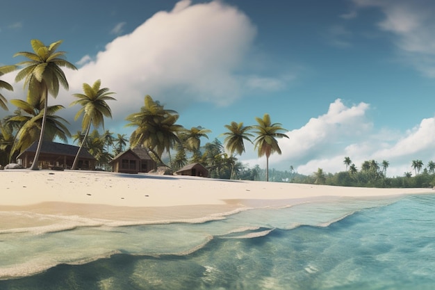 Une scène de plage avec des palmiers et une maison sur la plage.