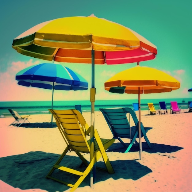 Une scène de plage avec un parapluie jaune et des chaises sur la plage.