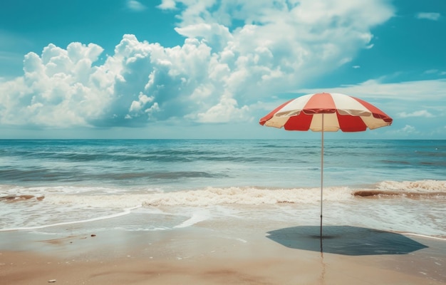 une scène de plage avec un parapluie rayé rouge et blanc