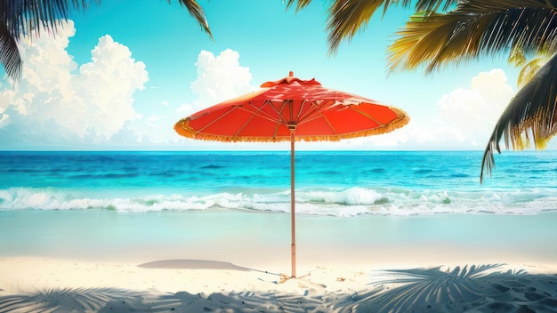 Une scène de plage avec un parapluie rouge sur le sable et l'océan en arrière-plan.