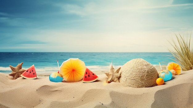 Une scène de plage avec une pastèque et un ananas sur le sable