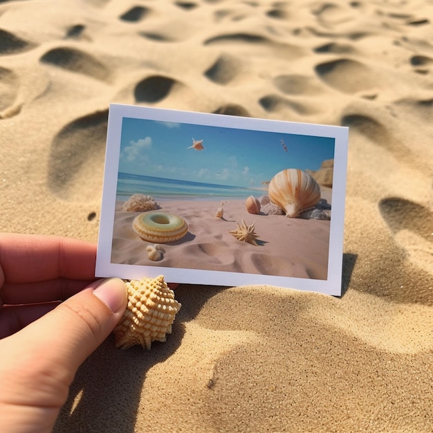une scène de plage avec une photo de coquillages et une scène de plage.