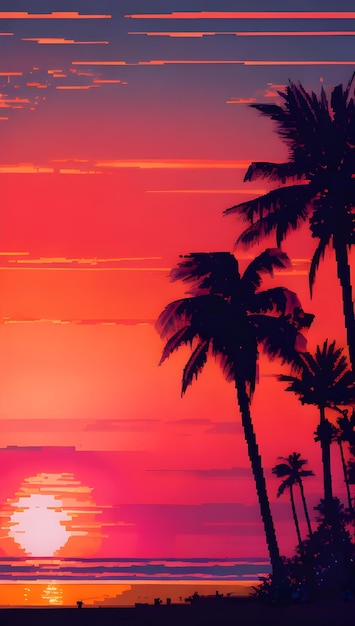 scène de plage pixélisée avec des palmiers silhouettés au coucher du soleil orange et rose