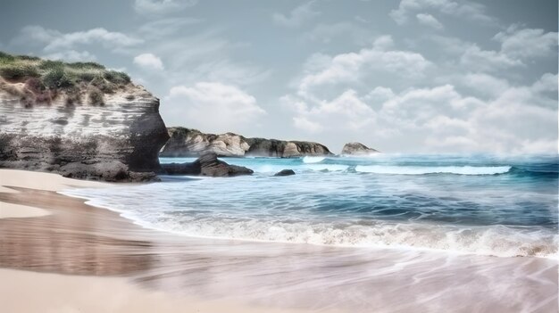 Une scène de plage avec une plage et une falaise en arrière-plan.