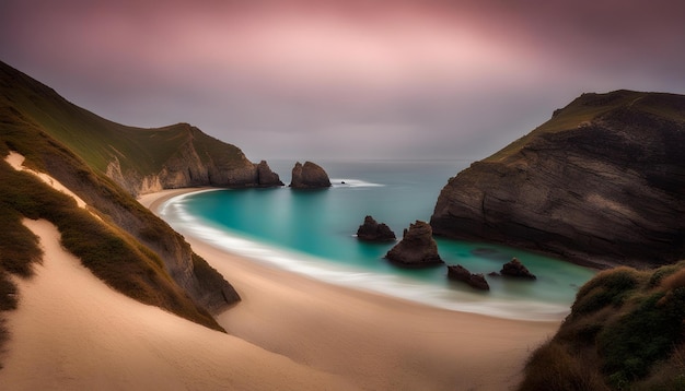 Photo une scène de plage avec une plage et des rochers dans l'eau