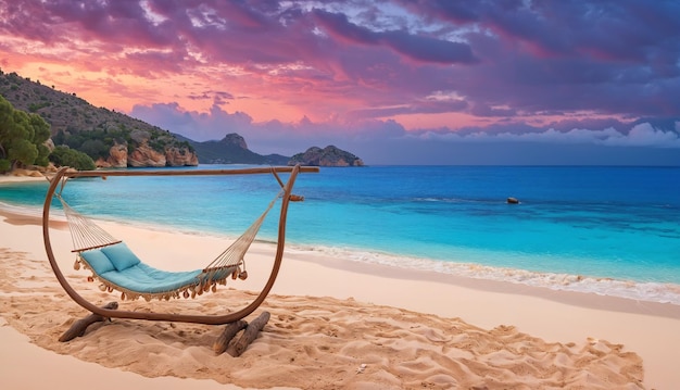 Une scène de plage avec une plage de sable océanique et un fauteuil en hameau installé sur le sable Le fauteu il est suspendu à un cadre en bois fournissant un endroit confortable pour se détendre et profiter de la belle vue sur la plage