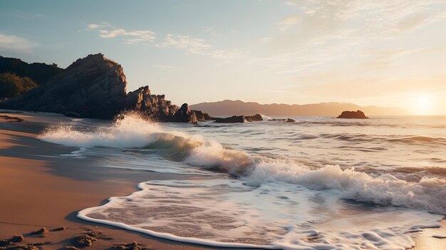Une scène de plage rétroéclairée à l'aube avec des vagues écrasant la pierre