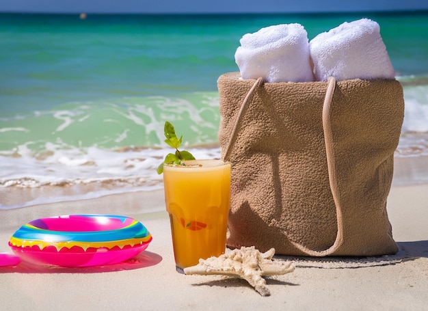 Une scène de plage avec un sac de plage et une boisson sur le sable.