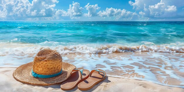 Photo une scène de plage avec des sandales et un chapeau de paille sur le sable