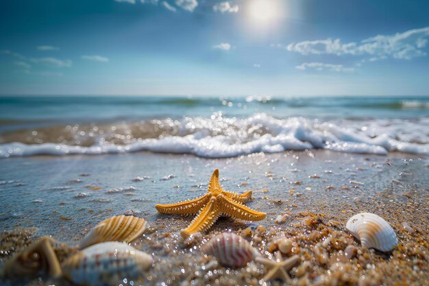 Une scène de plage sereine avec une étoile de mer orange vibrante et des coquillages sur la rive sablonneuse humide Des vagues douces caressent la plage sous la lumière du soleil qui se reflète sur la surface de l'eau