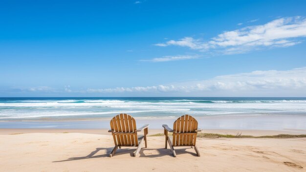 Scène de plage de sérénité avec des fauteuils vides près de l'océan dans un cadre de vacances côtières relaxantes