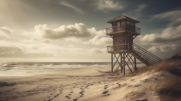 Une scène de plage avec une tour de sauveteur sur le sable et des nuages en arrière-plan.