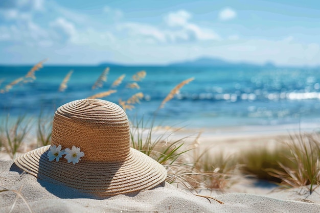 Scène de plage tranquille à midi avec un chapeau de soleil sur une chaise solaire vide