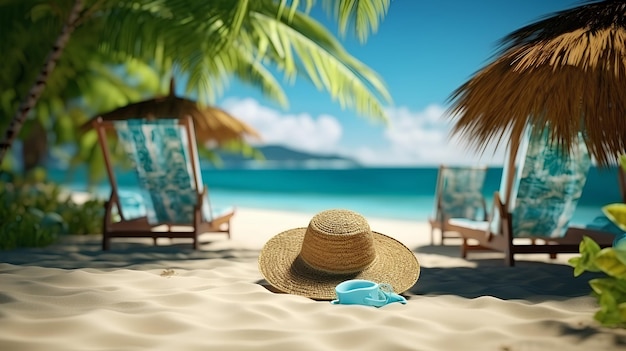 Scène de plage tropicale avec des accessoires de bain de soleil