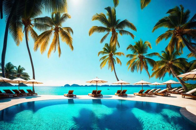 Photo une scène de plage tropicale avec des palmiers et une piscine avec vue sur l'océan