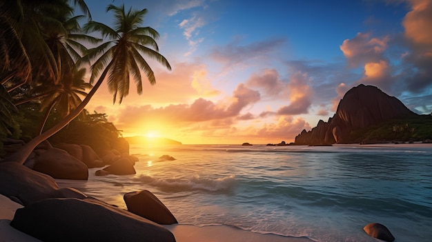 une scène de plage tropicale avec des palmiers et des rochers