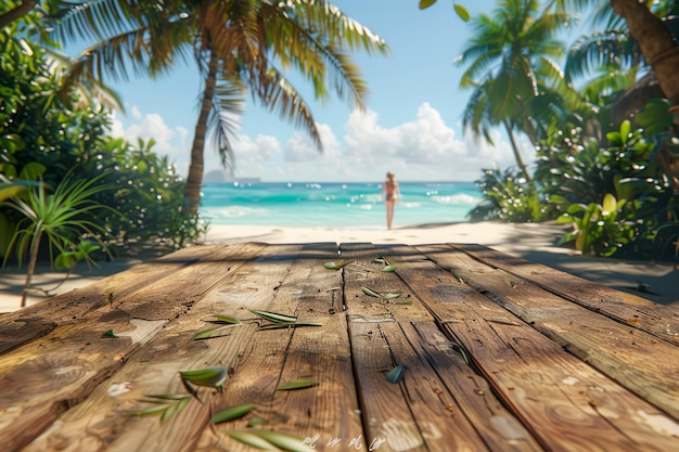 Scène de plage tropicale sereine avec une promenade en bois et une personne solitaire regardant les eaux cristallines