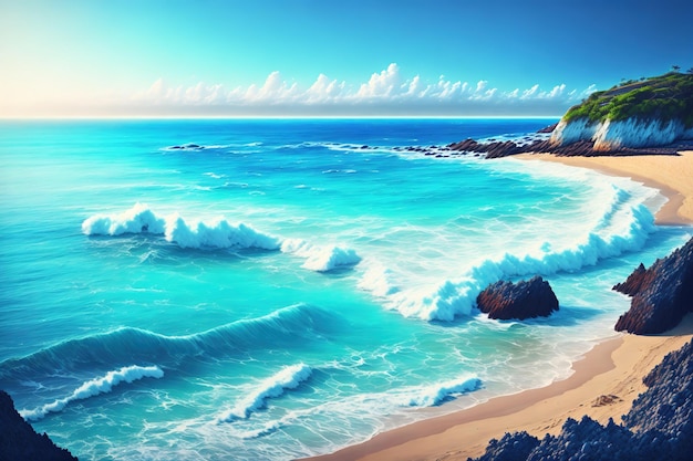 Une scène de plage avec des vagues se brisant sur le rivage.