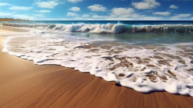 Une scène de plage avec des vagues se brisant sur le sable.