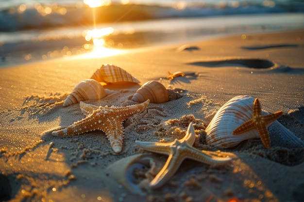 Une scène de plage avec une variété d'étoiles de mer et de coquillages éparpillés sur le sable