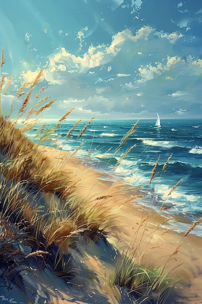 Photo scène de plage à voile distance préféré graphiques étonnants herbeux vent dunes poilues coups de pinceau fins
