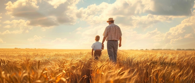 Une scène en plein air avec un père et son fils sur un champ de blé Un fermier montrant à son fils la terre qu'il possède