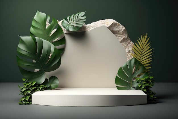 Scène de podium blanche contemporaine avec des feuilles tropicales sur fond vert Génération AI