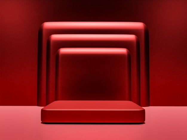 Scène avec podium de couleur rouge pour une présentation de maquette dans un style minimaliste avec espace de copie, conception d'arrière-plan abstrait de rendu 3d