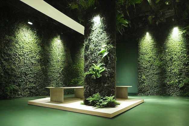 Scène de podium dans le mur de fond de feuilles vertes tropicales