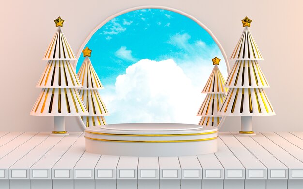 Scène de podium d'hiver de rendu 3D avec arbre de Noël et arrière-plan abstrait de ciel bleu