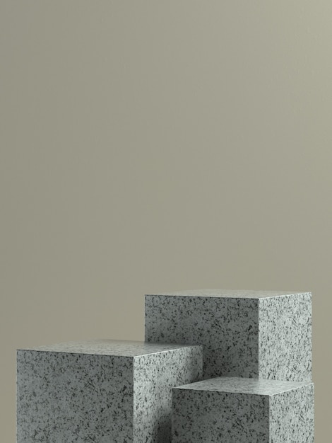 Scène ou podium de produit en cube de marbre gris avec fond de mur marron clair pour bannière ou promotion de produit. Illustration 3D