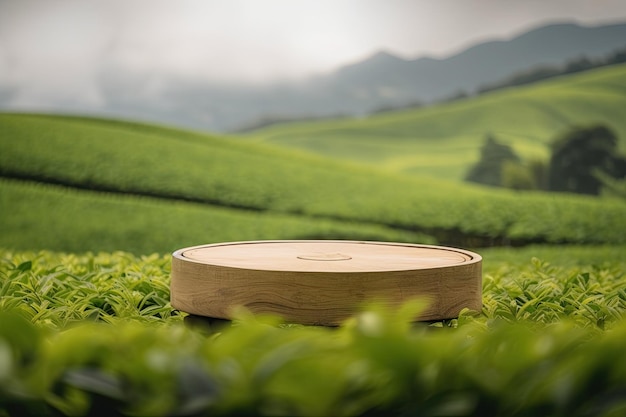Scène de podium rond en bois avec affichage de produit de fond de paysage de champ de thé vert généré par l'IA