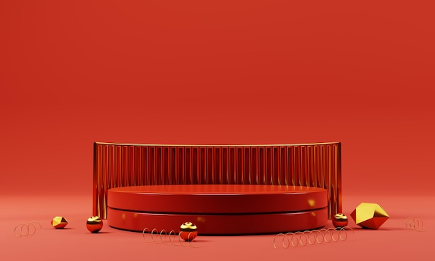 Scène de podium rouge de rendu 3d isolée sur fond rouge
