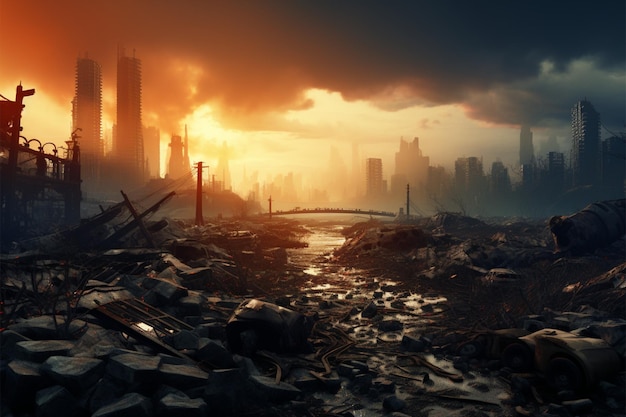 Scène post-apocalyptique, un paysage de bâtiments brisés et de ruines urbaines