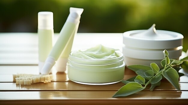 Scène d'un pot de verre vert Crème dans un pot ouvert Marque de produit cosmétique Soins de la peau et du corps quotidiens