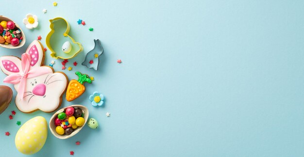 Scène de préparation des friandises de Pâques Vue supérieure de la table de cuisson présentant des coupe-biscuits adorables pain d'épice œufs au chocolat bonbons saupoudrés sur fond bleu pastel Idéal pour les promotions