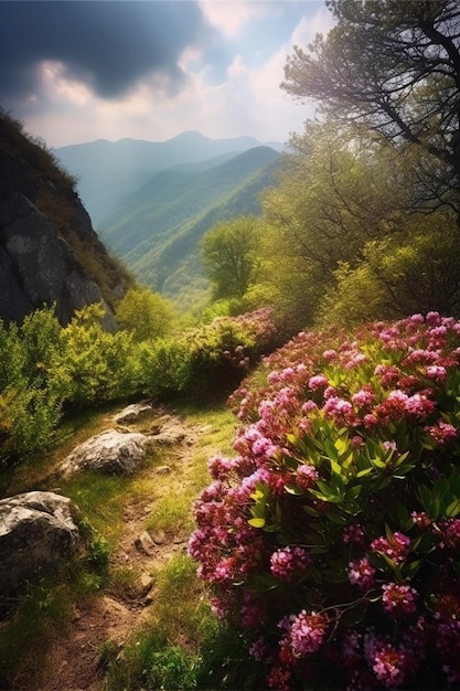 Photo une scène printanière avec une montagne et des fleurs.