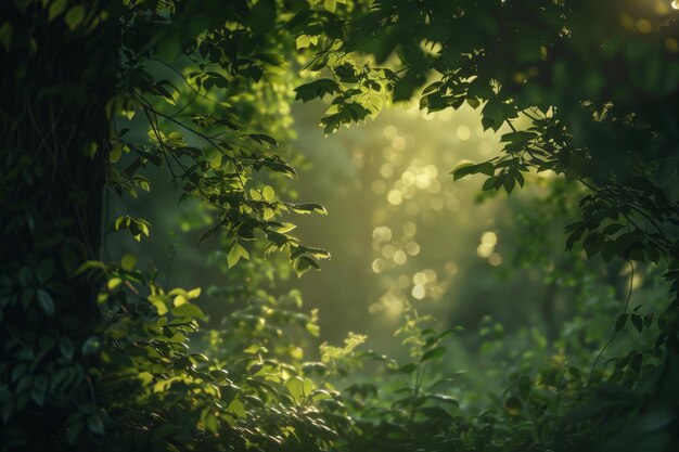 Une scène de printemps tranquille La douce lumière du soleil danse sur les feuilles vertes fraîches d'une canopée forestière