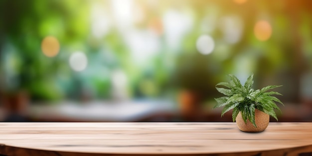 Scène de produit de table en bois vide pour la promotion derrière le salon flou avec plante verte