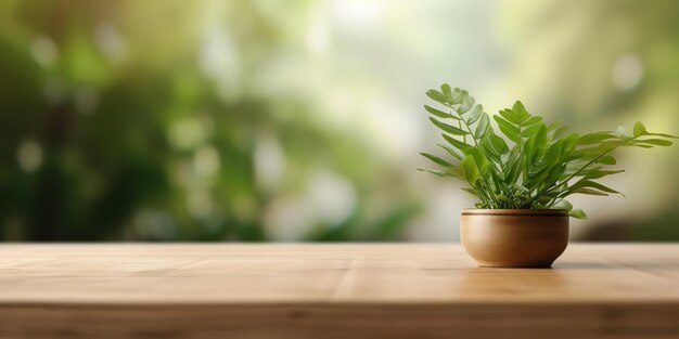 Scène de produit de table en bois vide pour la promotion derrière le salon flou avec plante verte