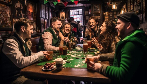 Une scène de pub irlandais traditionnel avec des clients en tenue de fête