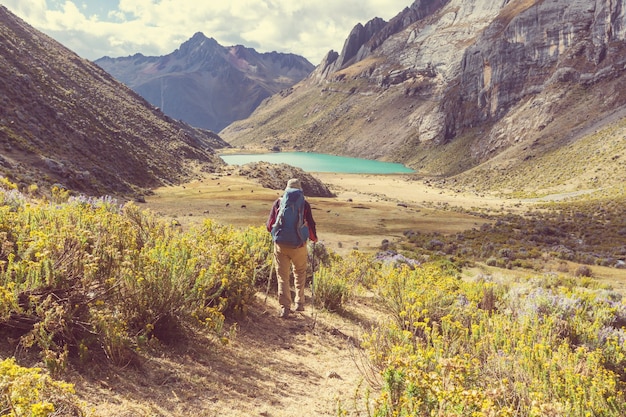 Scène de randonnée dans les montagnes de la Cordillère, Pérou