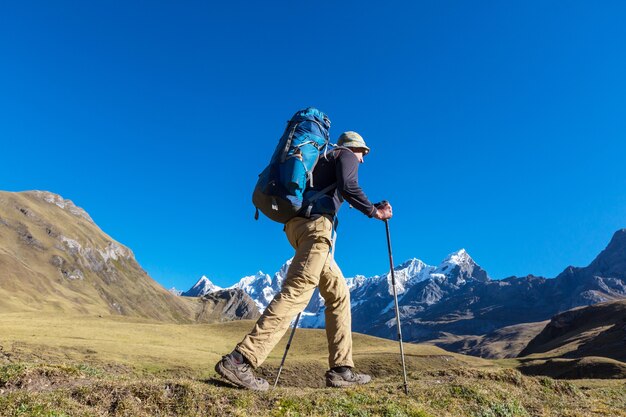 Scène de randonnée dans les montagnes de la Cordillère, Pérou