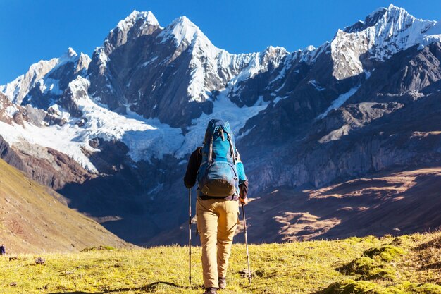 Scène de randonnée dans les montagnes de la Cordillère, Pérou