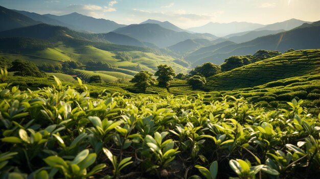 Scène de rangée de plantes de thé vert