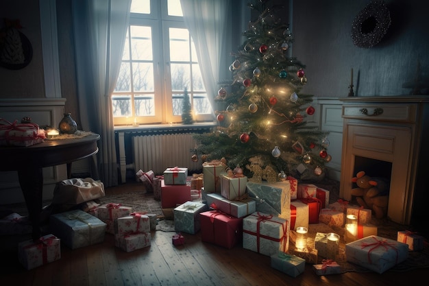 Scène réaliste avec des décorations et des cadeaux entourant l'arbre